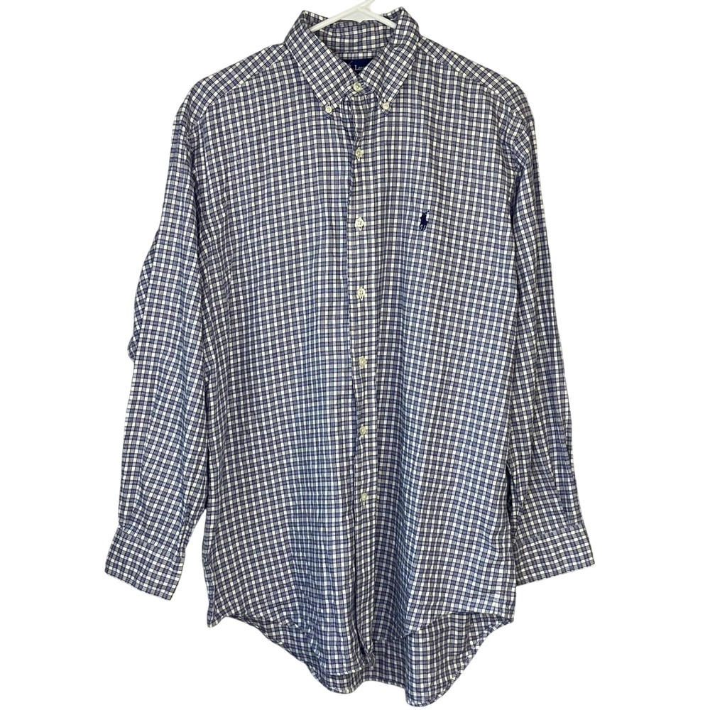 Ralph Lauren Yarmouth Blue White Cotton Plaid Button Down Shirt Men Size 15.5/32